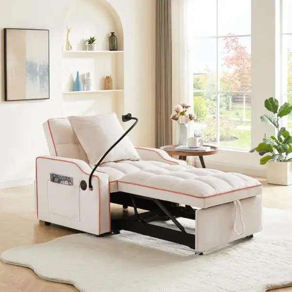 Bellemave 3-in-1 Convertible Sleeper Sofa Chair Bed - 180° Flat Sleep, Adjustable Backrest & Recliner, Phone Holder, USB & Type-C Ports, Small Space Armchair for Living Room Bedroom Apartment