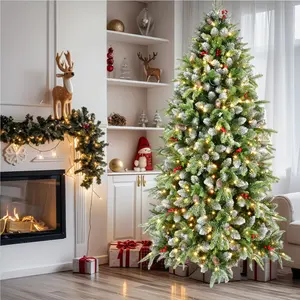 Pre-Lit & Pre-Decorated Pine Hinged Artificial Christmas Tree with 1350 Tips, Golden Balls, Star Topper / 103 Pine Cones, 309 Red Berries, Warm White LED, Metal Base for Holiday Party Office Home