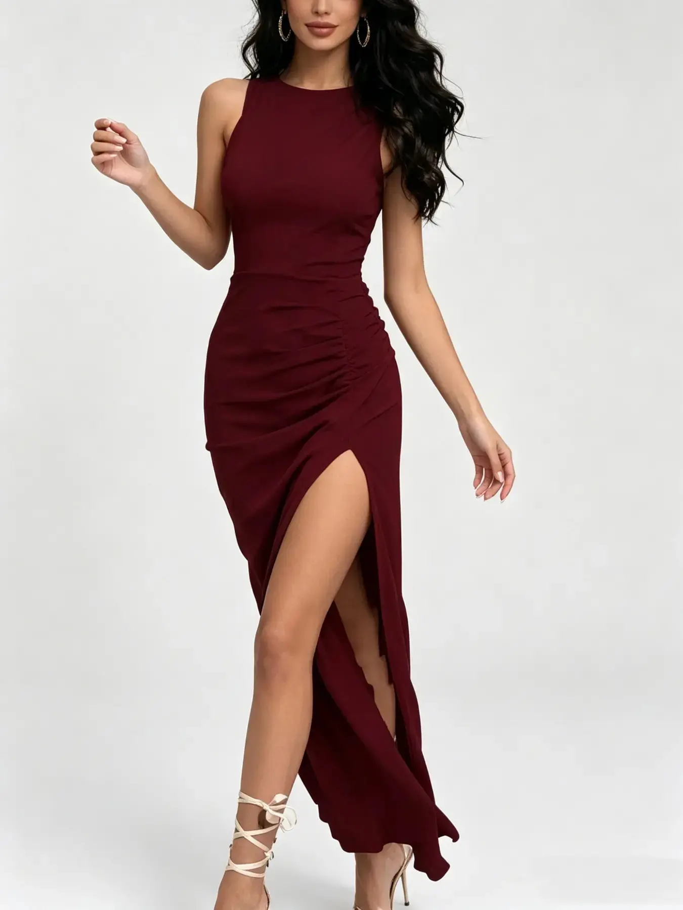 Burgundy Formal Woven Dress, Classic Elegant Chic Style, Waist Ruched Detail, Flowy Skirt, Ideal for Bridesmaid and Cocktail Party, Summer
