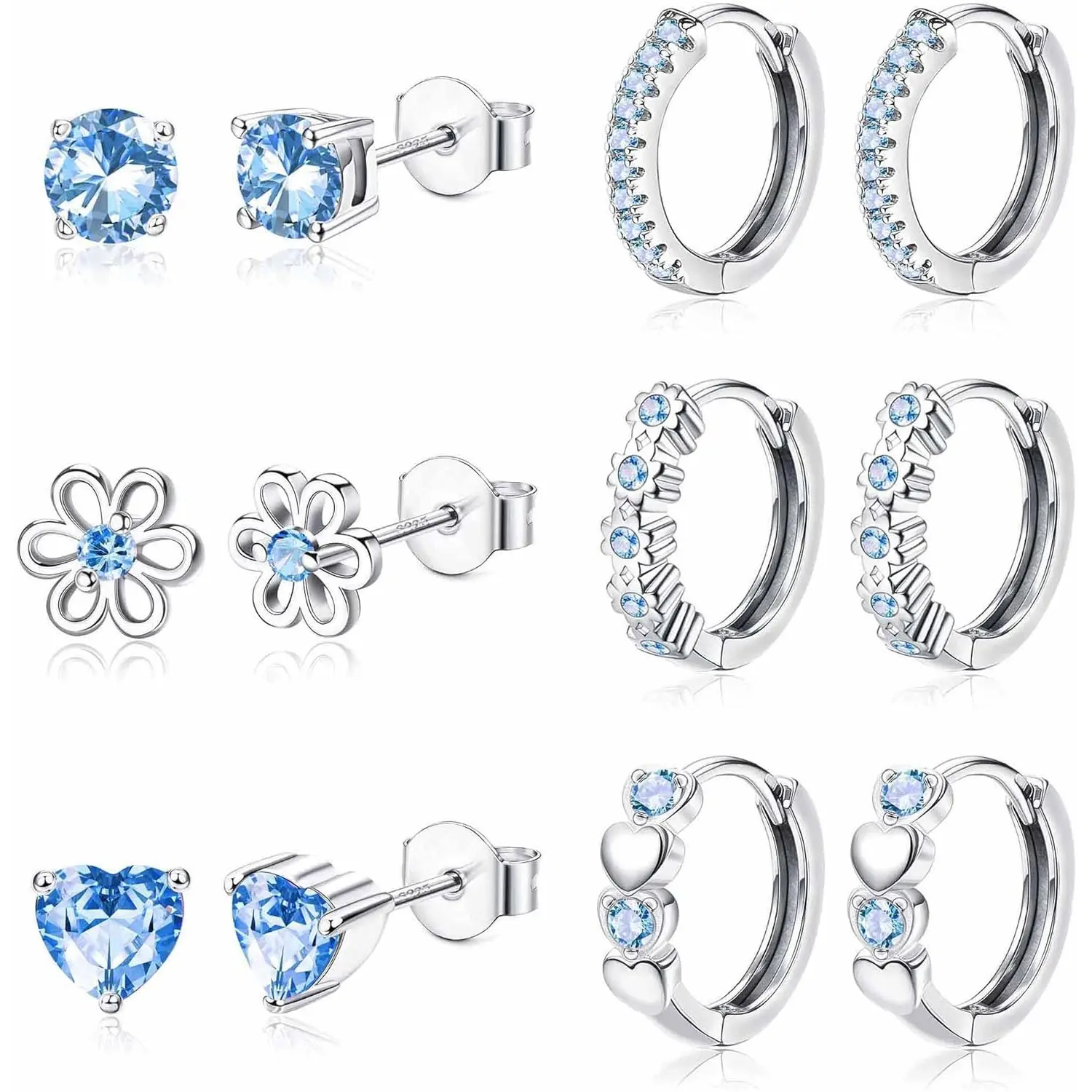 FIBO STEEL 6 Pairs Trend Small Stud Earrings for Women Girls 925 Sterling Silver Post Stud Hoop Earrings Set Zirconia Flower Heart Cute Cartilage Earrings Fashion Jewelry Gifts Hypoallergenic