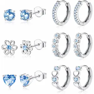FIBO STEEL 6 Pairs Trend Small Stud Earrings for Women Girls 925 Sterling Silver Post Stud Hoop Earrings Set Zirconia Flower Heart Cute Cartilage Earrings Fashion Jewelry Gifts Hypoallergenic