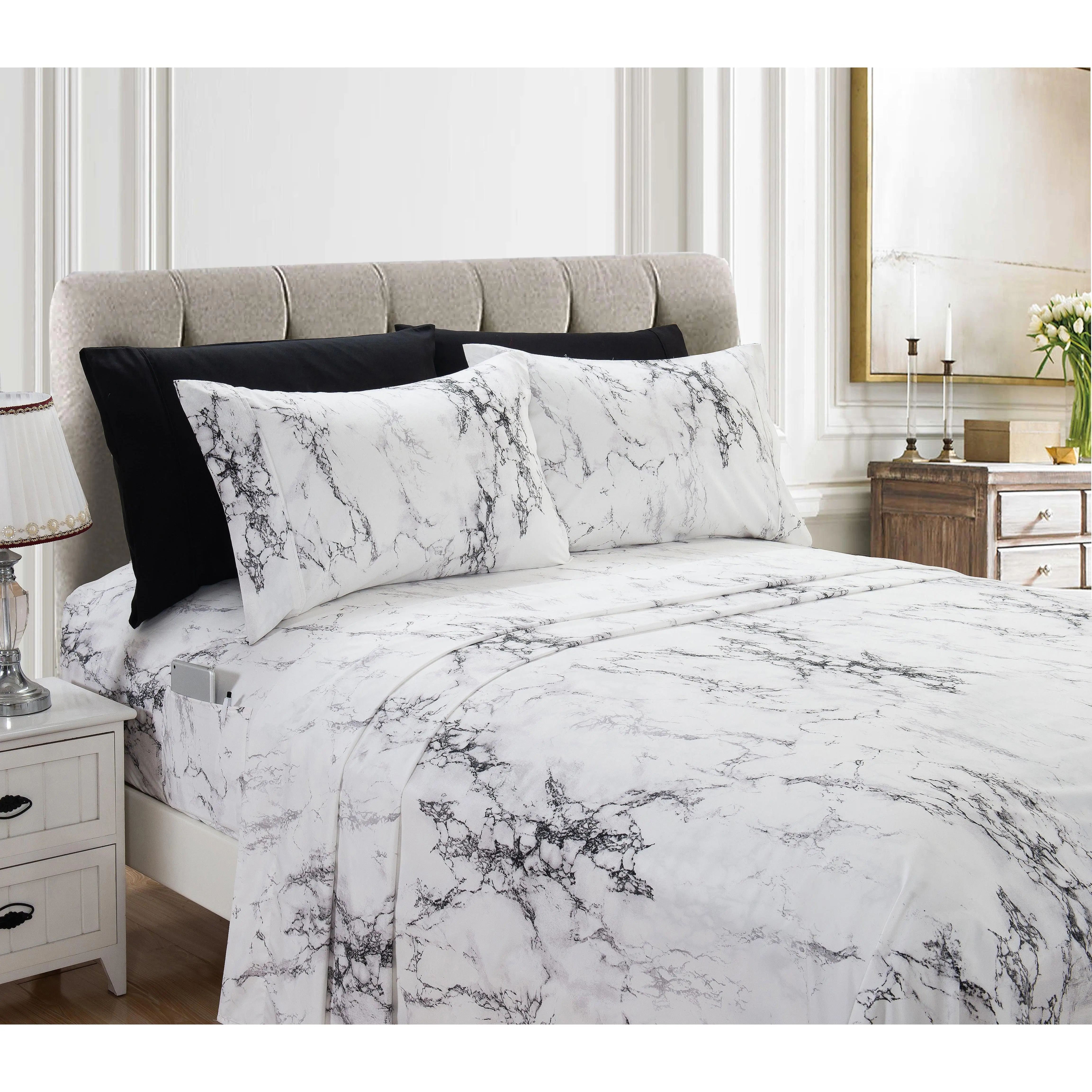 Elegant Comfort 6-Piece Marble Pattern Sheet Set – Smart Pocket Design with Premium Hotel-Quality Soft Microfiber