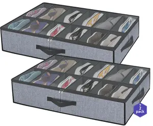 Large Under Bed Shoe Organizer (12 Pairs x 2) - Underbed Shoes Closet Storage Solution with Metal Zipper and 2 Handles, Breathable, 29.3"x23.6"x5.9", Linen-like Grey, MXDUBSB2P