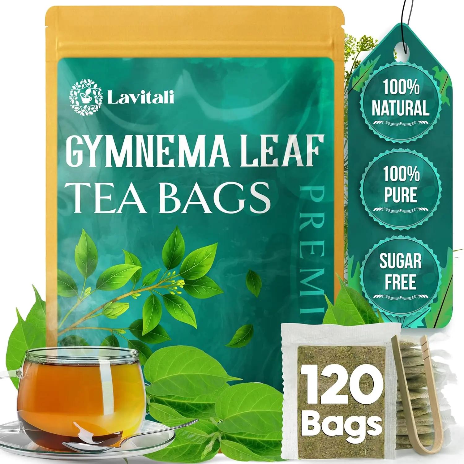 Gymnema Leaves Tea Bags | 120 bags, 100% Pure Herbal Tea | Caffeine-Free, Antioxidant-Rich, Eco-Friendly Filter Bag | Daily Natural Botanical, Hot or Iced Herbal Infusion