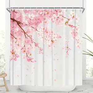 1pc Fashion Pink Cherry Blossom Shower Curtain Set and Durable Hooks High-Quality Bathroom Decor and Accessories Suitable for All Styles of Furniture waterproof