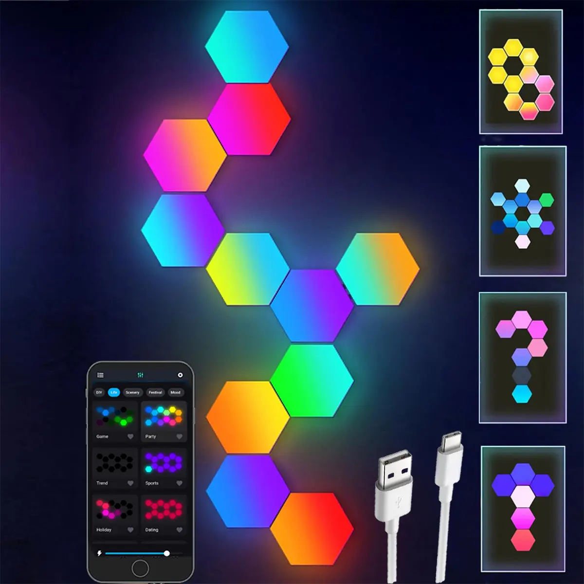 Smart Hexagon Lights DIY 8Pack LED Light App & Remote Controlled Music Sync Features USB Type C Modern RGB Wall Panels for Living Gaming Decor