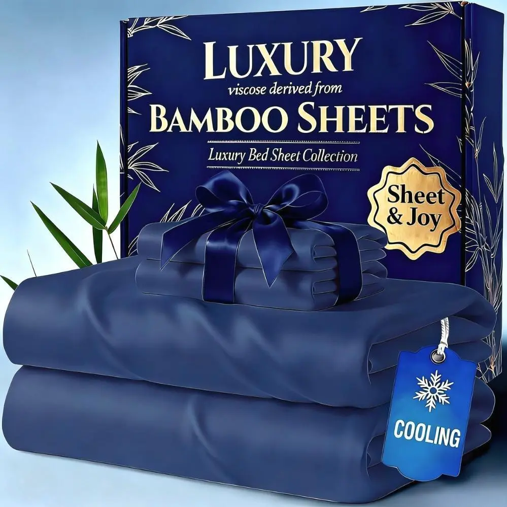 Set of 4 Cooling Bamboo Bed Sheets, 4000 TC Extra Deep Pocket 20 Inch Sheets, Luxurious Soft Hotel & Cooling Sheet Set for Warm Sleepers, Includes Kids' Fitted Sheet, Flat Sheet, And Pillowcases