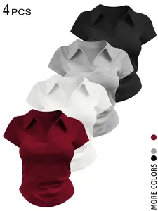 Women's 2026 4 Pcs Solid Color Slim Fit Polo Top Set, Casual, Trendy Y2K V Neck Short Sleeve Tees, TikTok Coquette Preppy Style Fashion for Daily Streetwear & Office Look, Outfits for Summer, Going Out, Work & Layering