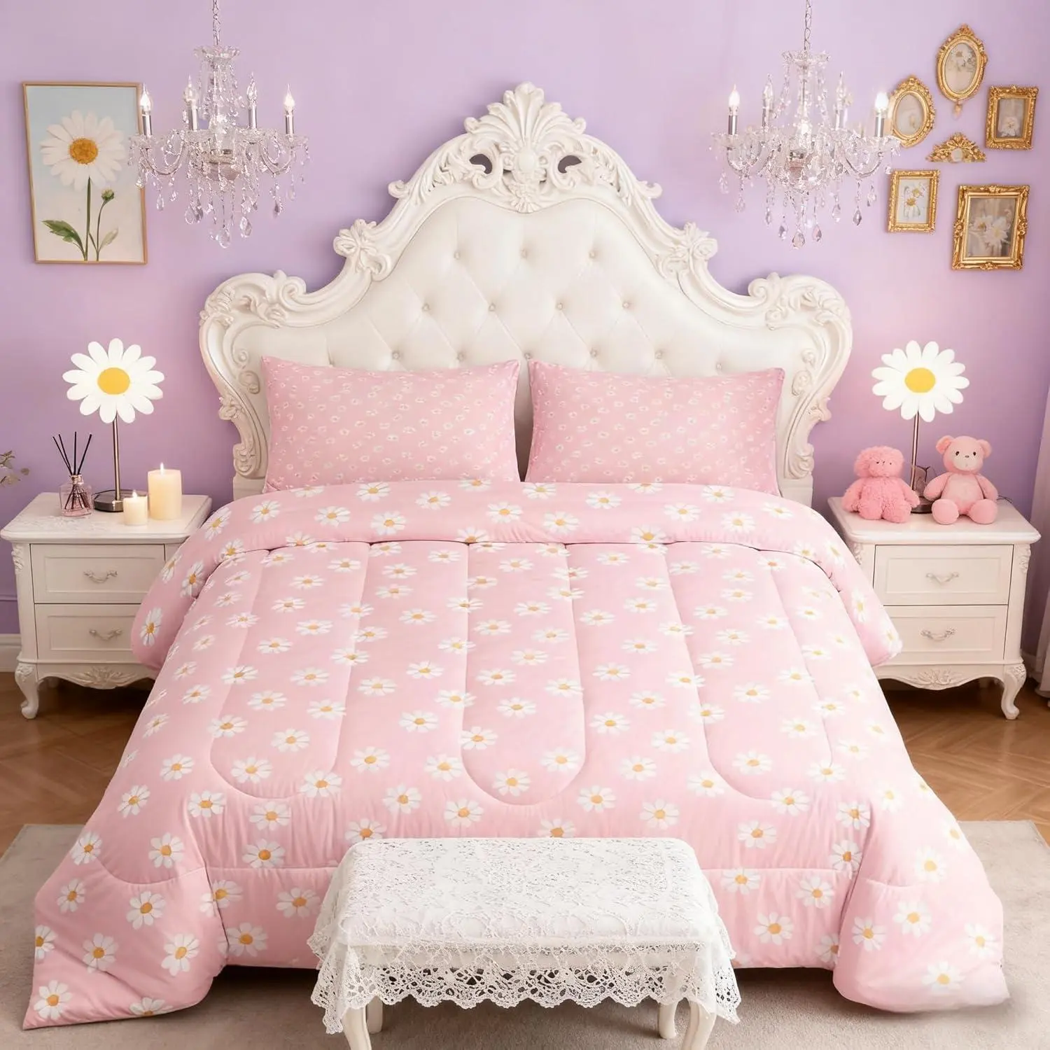 Cute Daisy Flowers Kids Comforter Set,Natural Botanical Cartoon Bedding Set,Girls Women Room Decor,Princess Sun Floral Garden Down Comforter,Pink Romantic Duvet Insert