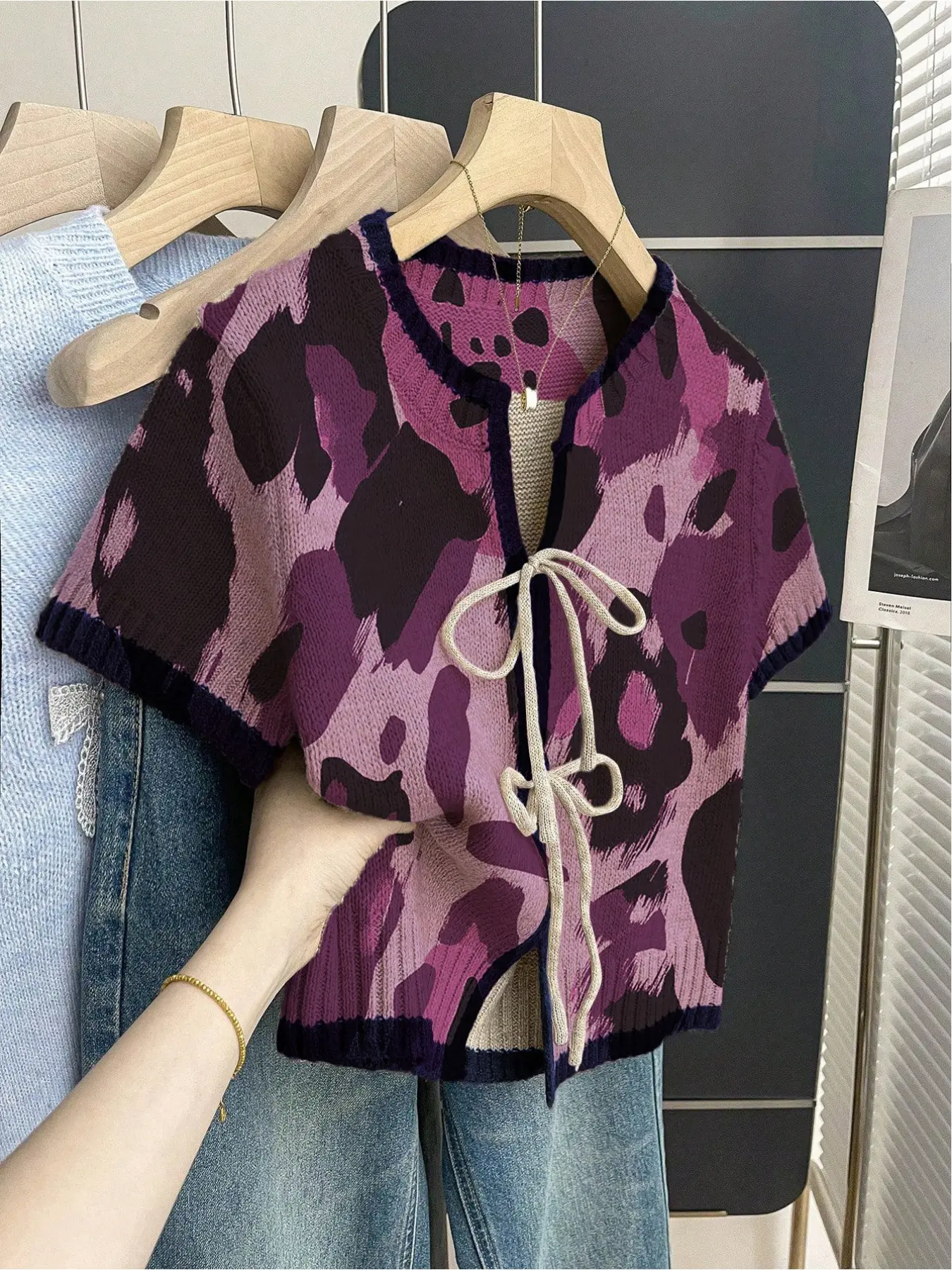Women's khaki bohemian vacation short-sleeve knit top. Loose round neck, contrast leopard print, front tie and contrast piping. Comfortable for spring & summer casual wear.