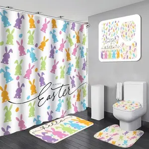 Bunny Shower Curtain Set for Daughter's Bathroom Makeover Bathroom Decor, include 70x70in Waterproof Colorful Bunny Flower Shower Curtain with Hooks & Non Slip Bath Mat & U Shaped Rug & Toilet Lid Cover for Home Hotel Dormitory Supplies