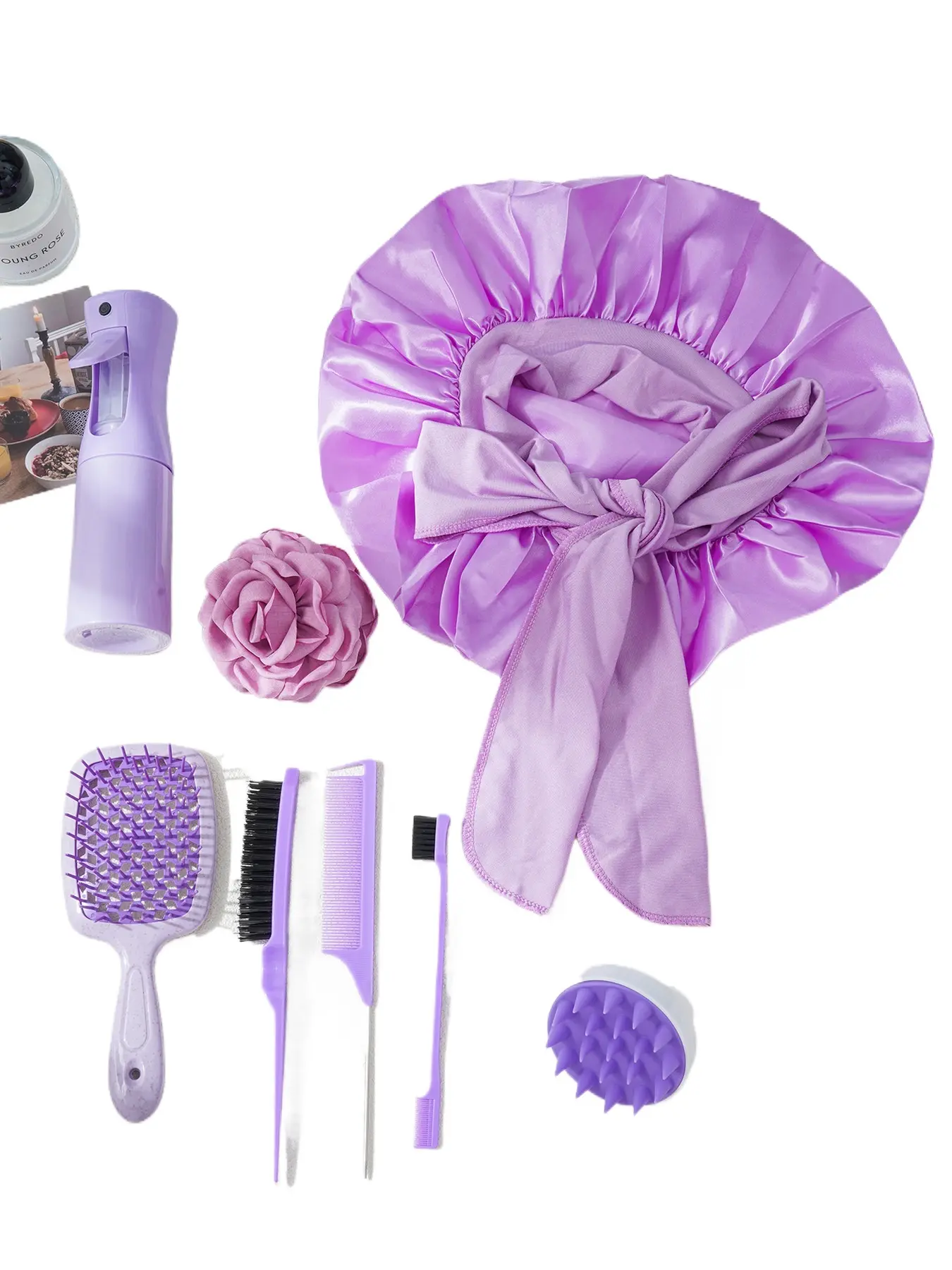 8-piece set of sleep hair styling tools for women's home leisure fashion, including straight hair brush and hollow comb, scalp massage brush, rose hair brush, sleep hair cap, used for daily hair care and curly hair for women