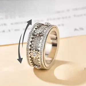 Unisex 8mm Non-Tarnish Cubic Zirconia Rotating Gears Mechanical Ring, Multi-Size Stress Relief Daily Fashion Bejeweled Accessory, Valentine's Gift for Her