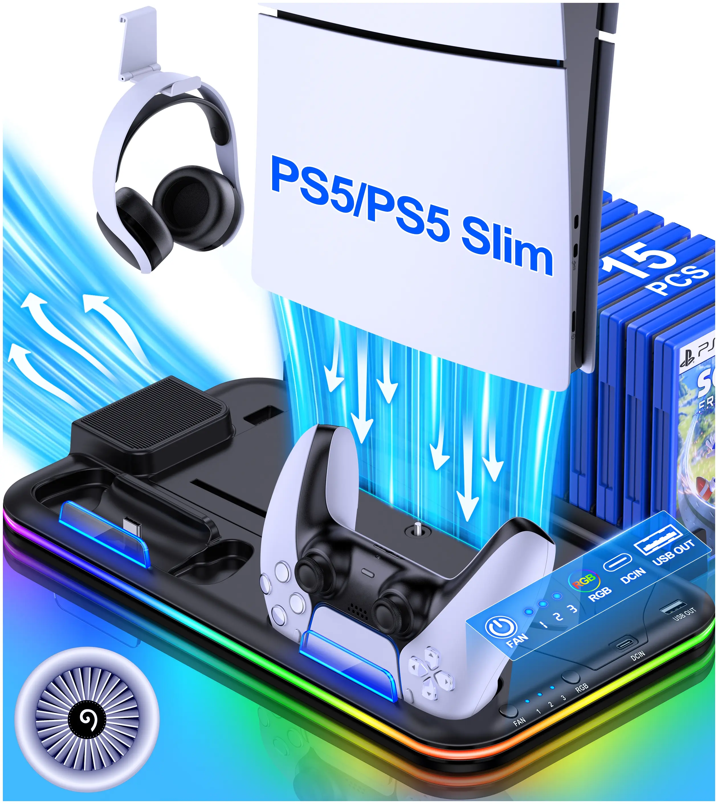 ESYWEN PS5 Cooling Stand Compatible with PS5 Disc & Digital  Upgrad Cooling Fan for PS5 Console with Dual Controller Charging Dock For PS5 Accessories,back to school,back to school haul