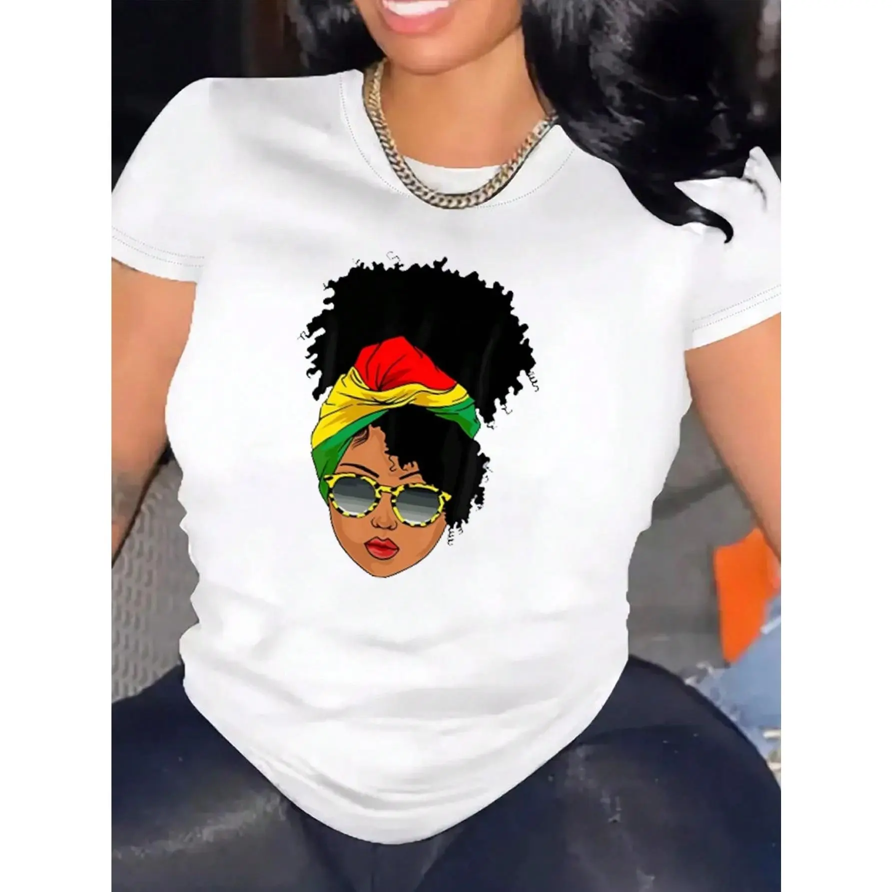 Women's Reggae-Style Black Graphic T-Shirt - Essential Crew Neck, Shortsleeve, Basic Casual Lightweight Breathable Fabric, Colorful Headwrap & Sunglasses Print, Cultural Pride Outfit