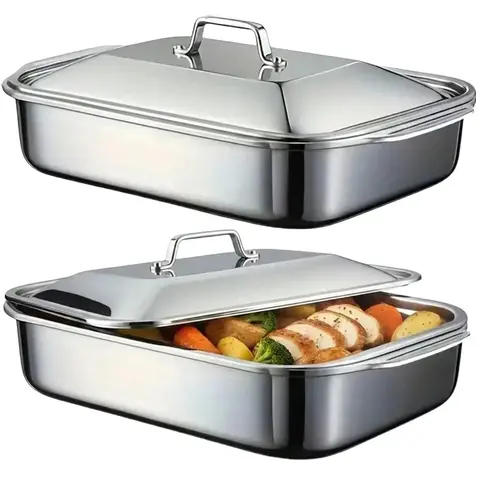 16x9x3in Extra Large Stainless Steel Baking Trays with Lids, Rectangular Roasting Pans for Oven, BBQ, Seafood & Family Meals, Heat Resistant Cookware for Thanksgiving, Christmas & Holiday Cooking,Gifts for Busy Moms Bakeware
