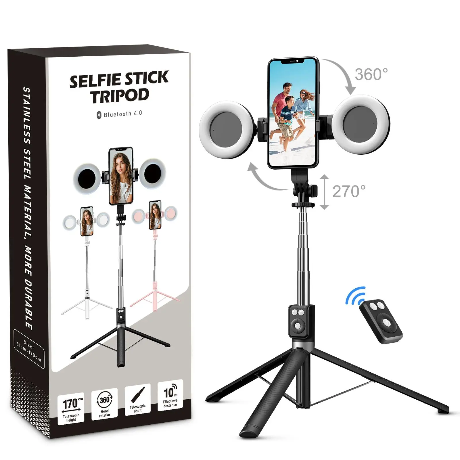 6-in-1 Selfie Tripod w/Dual Fill Lights & Wireless Remote | Portable Adjustable Phone Stand | Detachable 360° Compact Travel Tripod stick