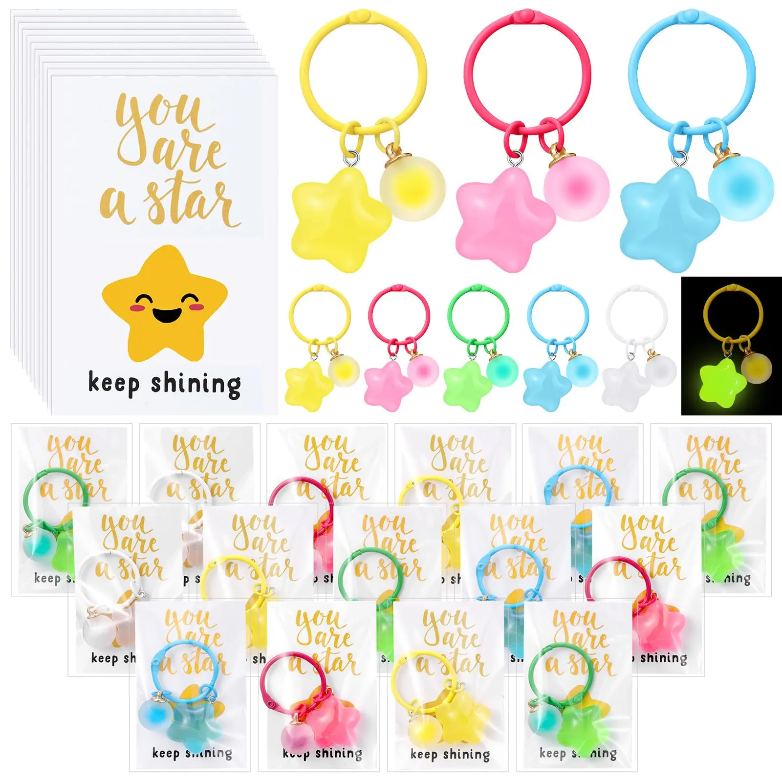 25/50 Set Glow In the Dark Star Keychains Bulk Light Up Back-to-School Star Gift with Positive Cards Meet the Teacher Gifts for Student for Classroom Party Favors Backpack Charms Class Prizes Employee Appreciation Gifts for Staff Coworkers