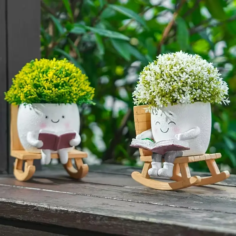 2-Pack Resin Rocking Chair Bookworm Planters, Cute Cartoon Succulent Pots, Indoor/outdoor Garden Decor, Unique Gift for Plant Lovers