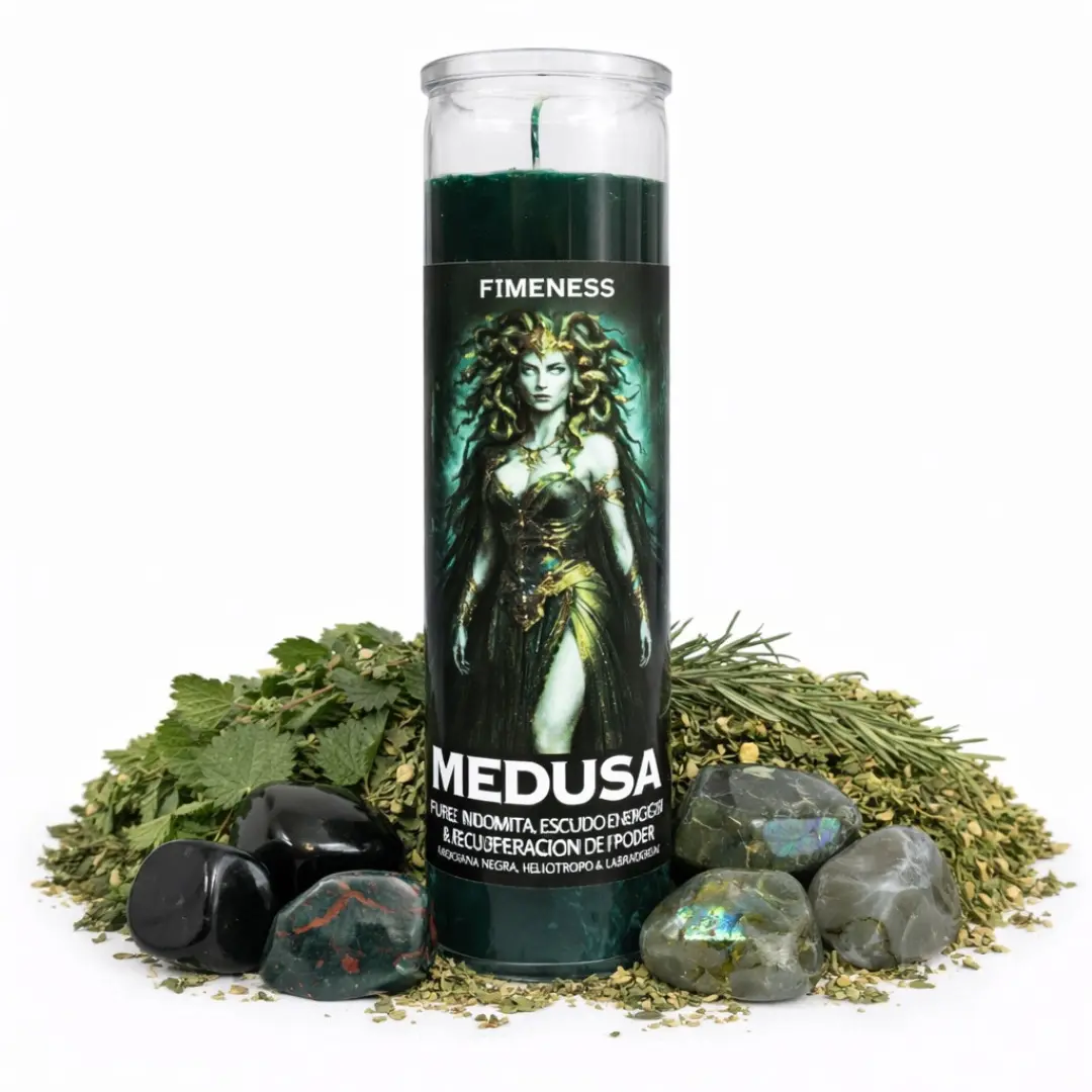 FIMENESS - MEDUSA SEVEN DAY PRAYER CANDLE - CRYSTAL AND HERB INFUSED FIMENESS - MEDUSA SEVEN DAY PRAYER CANDLE - CRYSTAL AND HERB INFUSED