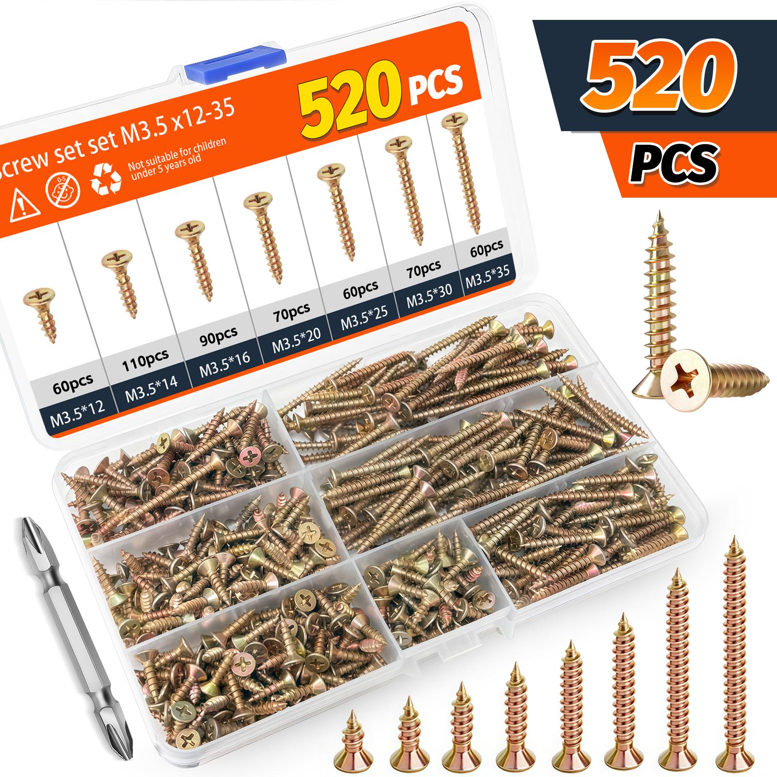 520PCS Wood Screws Assortment Kit - Carbon Steel Self Tapping Screw Set, Assorted Small Self Drilling Drywall Screws with Case, M3.5 Length 1/2" to 1-1/2" Phillips Flat Head Sheet Metal Screws,