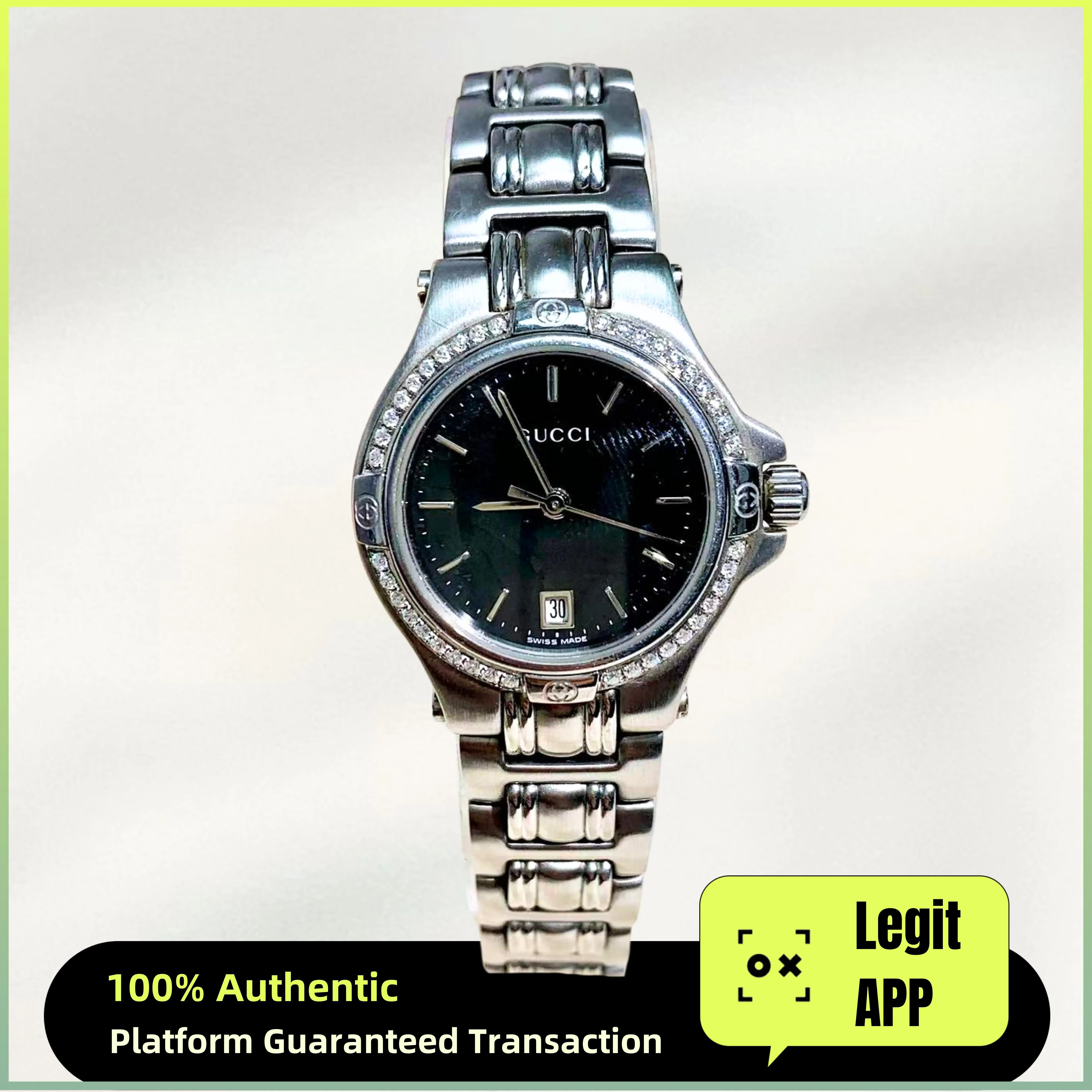 Gucci Vintage 25mm Quartz - Black Dial, Steel Bracelet & Diamond-Set Caseback Ladies Watch 11908358