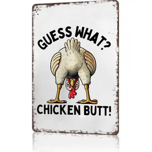 Guess What? Chicken Butt! Funny Metal Tin Sign, 12x8 Inch Aluminum Wall Art, Vintage Rustic Humorous Poster for Bathroom, Bedroom, Man Cave, Bar, Pub, Gag Gift, Funny Farm Animal Decor, Novelty Sign for Home, Dorm, Party