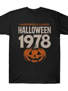 Men's Vintage 90s Michael Myers Halloween T-Shirt 100% Cotton Retro Horror Movie Graphic Tee with Jack-O-Lantern Design, Short Sleeve Casual Shirt for Halloween Parties & Casual Attire, Halloween Clothes Fabric Menswear funny  tshirt