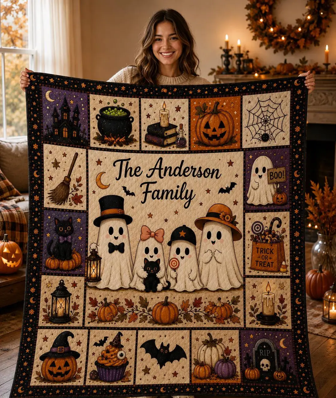 Personalized Halloween Patchwork Quilt Set, Pumpkin Ghost Patchwork Throw, Spooky Fall Quilt Blanket, Halloween Bedroom Decor, Fall Decor