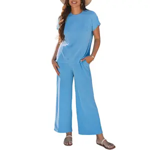 Asvivid Women‘s Solid Casual Summer Casual Ribbed Pajama Sets Corded Knit Short Sleeve T Shirt and Wide Leg Pants Set