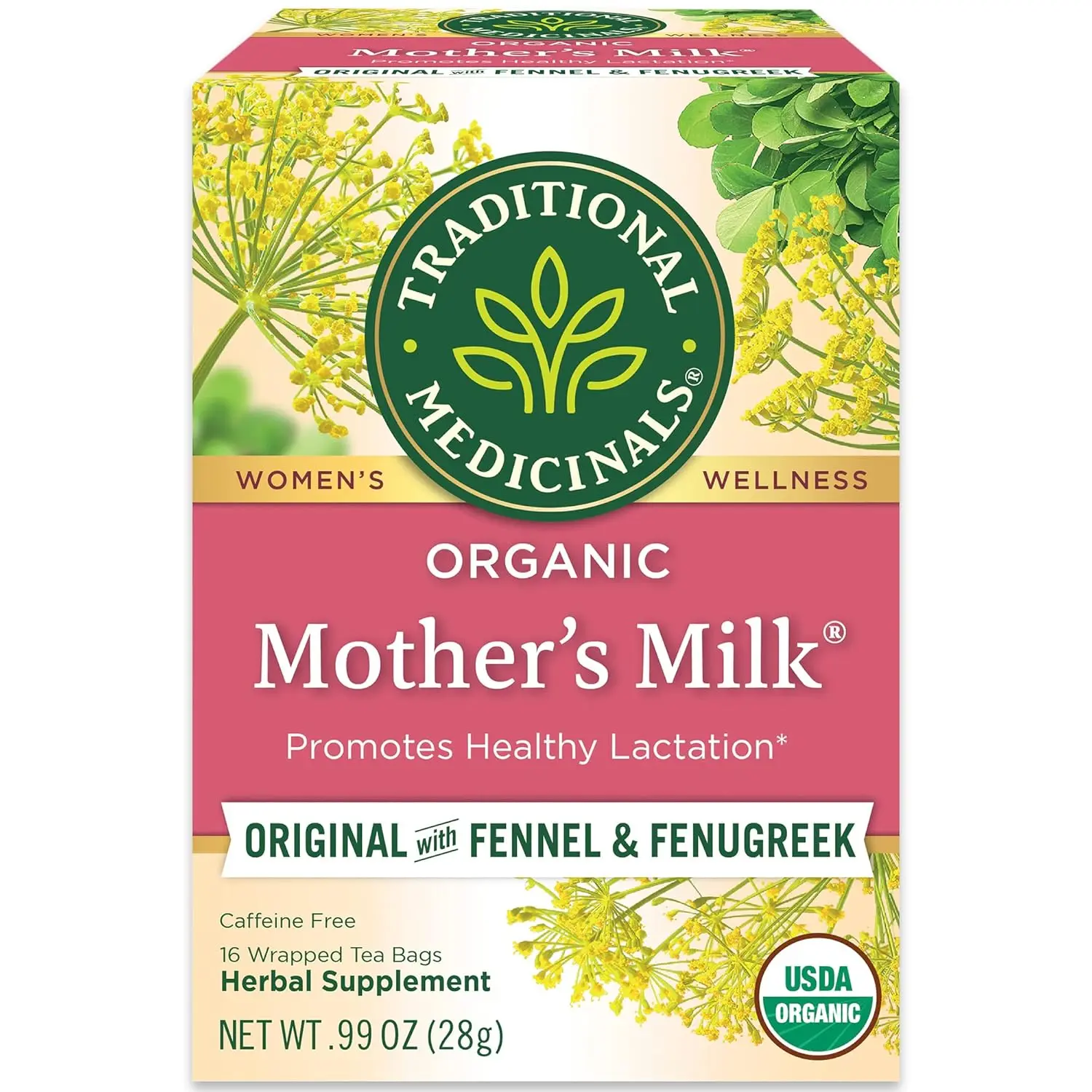 Traditional Medicinals Organic Mother’s Milk Tea – Lactation Support with Fennel & Fenugreek, Caffeine-Free, Kosher, Non-GMO, 16 Tea Bags