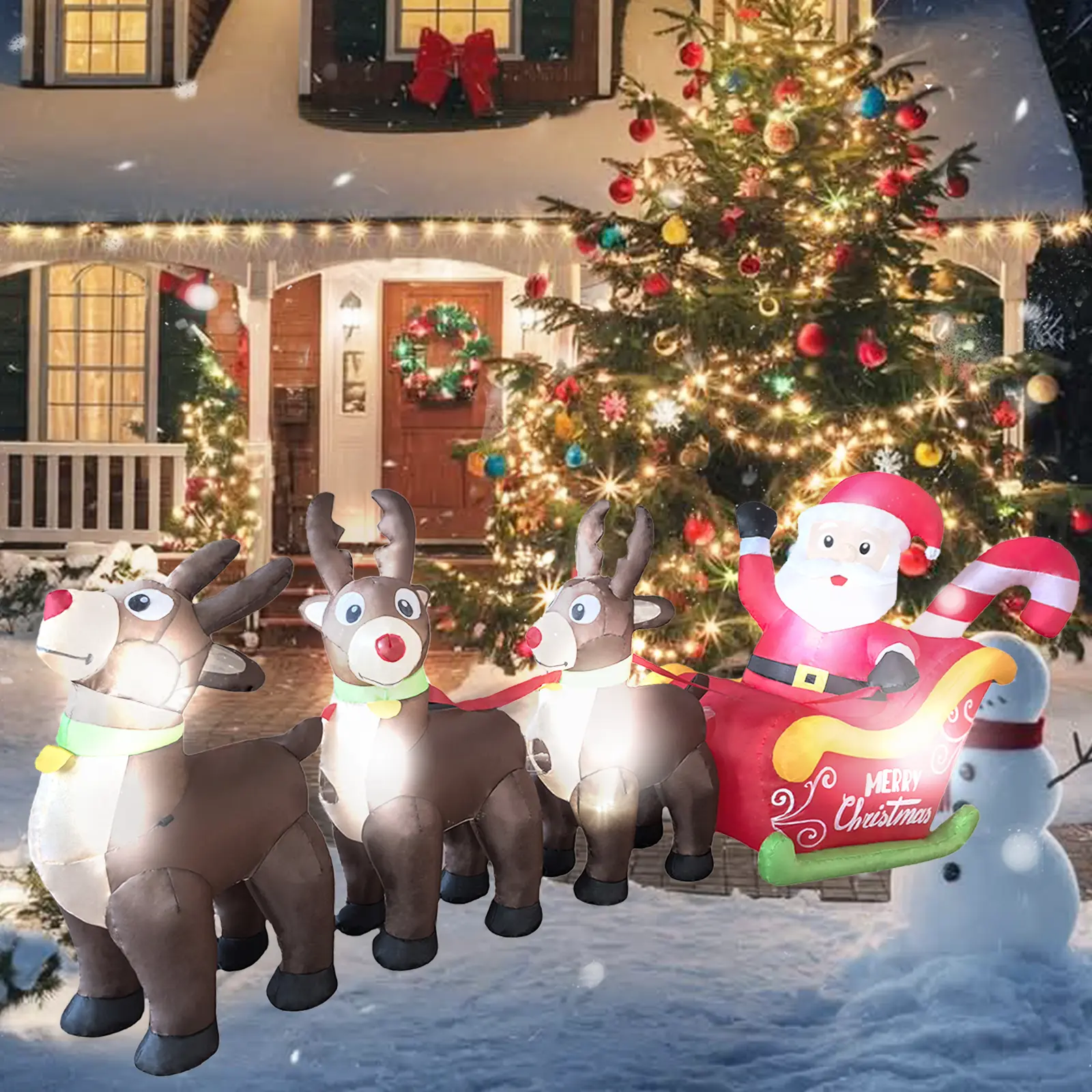 10 FT Long Christmas Inflatables Outdoor Decoration, Santa Sleigh & Reindeer Inflatable Blow up Yard Decorations with Built-in LEDs for Xmas Holiday Garden Party Patio Lawn Decor
