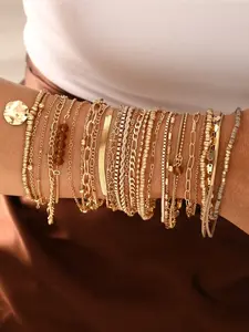 Boho Style Vintage Fashion Elegant Multi-Layer Women's Stackable Bracelet Set, Faux Pearl Artificial Gem Geometric Wax Rope Snake Chain Fashionable Bracelet
