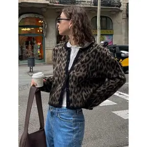 Women's Vintage Street Leopard Print Knit Cardigan Sweater, Soft Warm Outerwear for Autumn & Winter, Trendy Fashion Layers