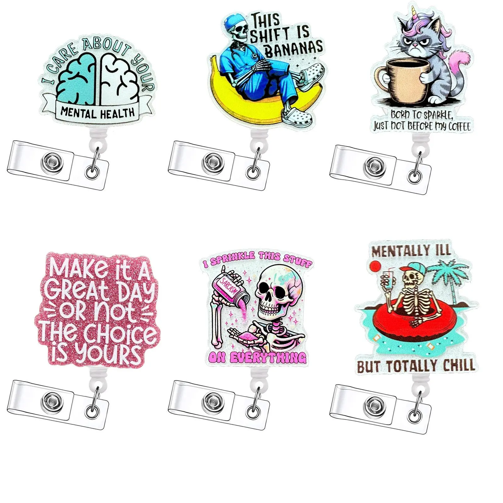 Retractable Badge Reel, 6 Counts/set Cute Cartoon Pattern ID Holder with Clip, Durable and Lightweight Design Badge Holder, Retractable Badge Holders for Nurses, Doctors, Students and Office Staff, Healthcare Badge, Halloween