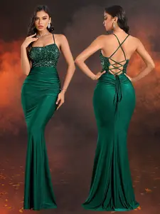 Women's Elegant Off-Shoulder Evening Dress, Sleeveless Backless Party Gown, Formal Occasion Wear, Contrast Sequin Design, All Seasons, Womenswear