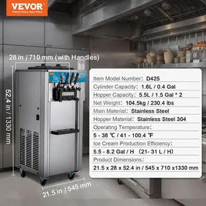 VEVOR Commercial Ice Cream Machine,  21-31 L/H Yield, 1800W 3-Flavor Freestanding Soft Serve Ice Cream Maker, 2 x 5.5L Stainless Steel Cylinder, LED Panel Auto Clean Pre-cooling, for Restaurant Bars