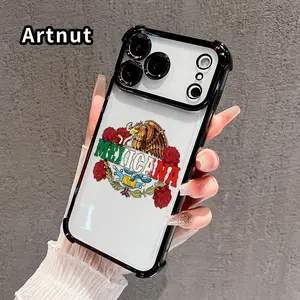 Protective Four Corners Plated Phone Case for iPhone 17 16 Pro Max 15 Plus 14 13 12 11 E Air Mexican Emblem Rose Patterned Shockproof Transparent Soft Silicone Cover