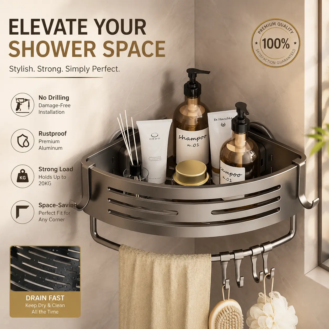 We Posted the Wrong Link — Last Day! One-Press Vacuum Suction Corner Shower Caddy - No-Drill Gun Gray Bathroom Organizer with 6.8cm Extra-Tall Guardrail, Heavy Duty Rustproof Storage Shelf with 2 Movable Hooks