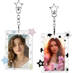 2 Pcs Star Photocard Holder Keychain, Portable Card Case Hard Protective Cover,Acrylic Cute Photocards Holder,Cute Clear Case for 2.75" Concert Photocard with Star Pendant for Idol Card Photo Album