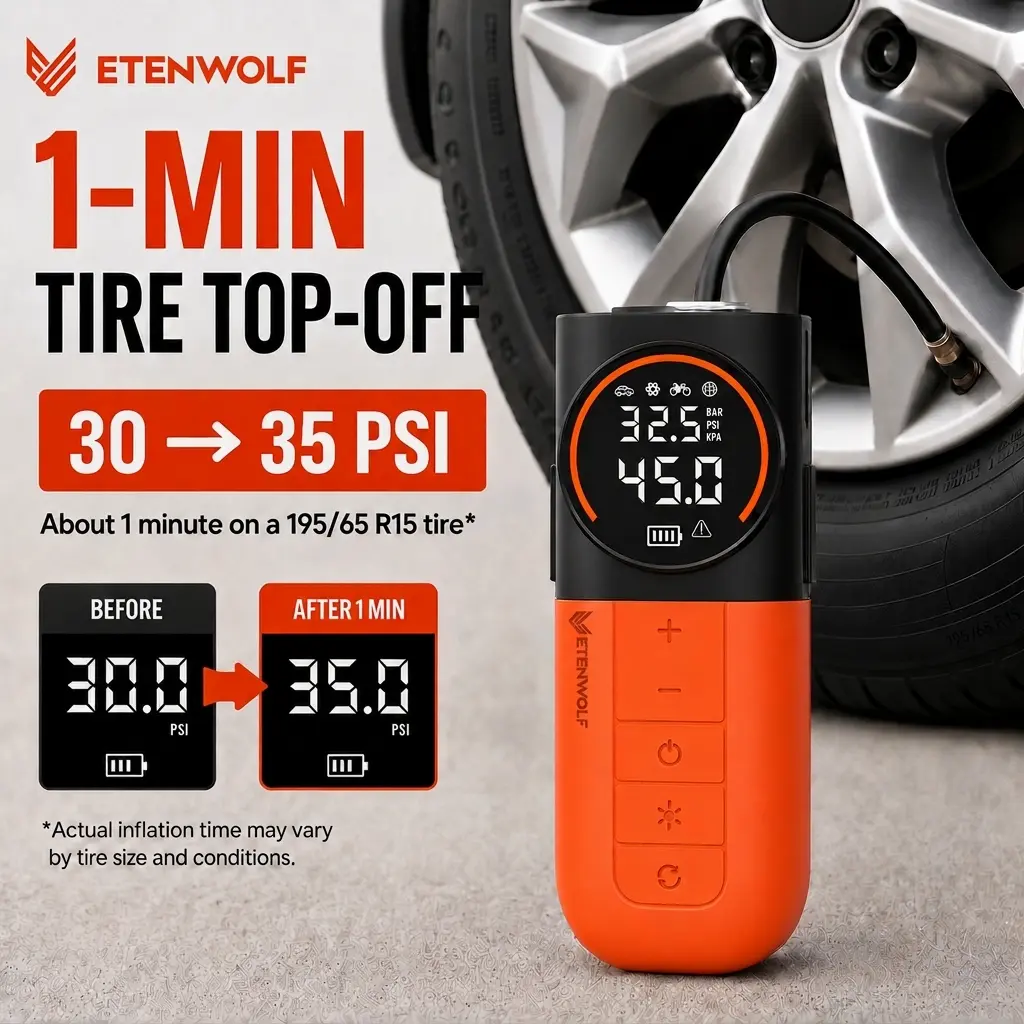 Portable Car Tire Inflator, 160 PSI Cordless Air Compressor, ETENWOLF S1 with Auto-Stop, 5200mAh Battery for Motorcycles, Bikes & Sports Balls