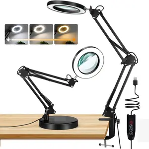 10X Magnifying Lamp - Desk Magnifying Glass with Light, Lighted Magnifying Glass with Stand, Black Magnifying Light, 3 Color Modes, Dimmer Adjustable Swing Arm 2-in-1 Desk Lamp and Clamp