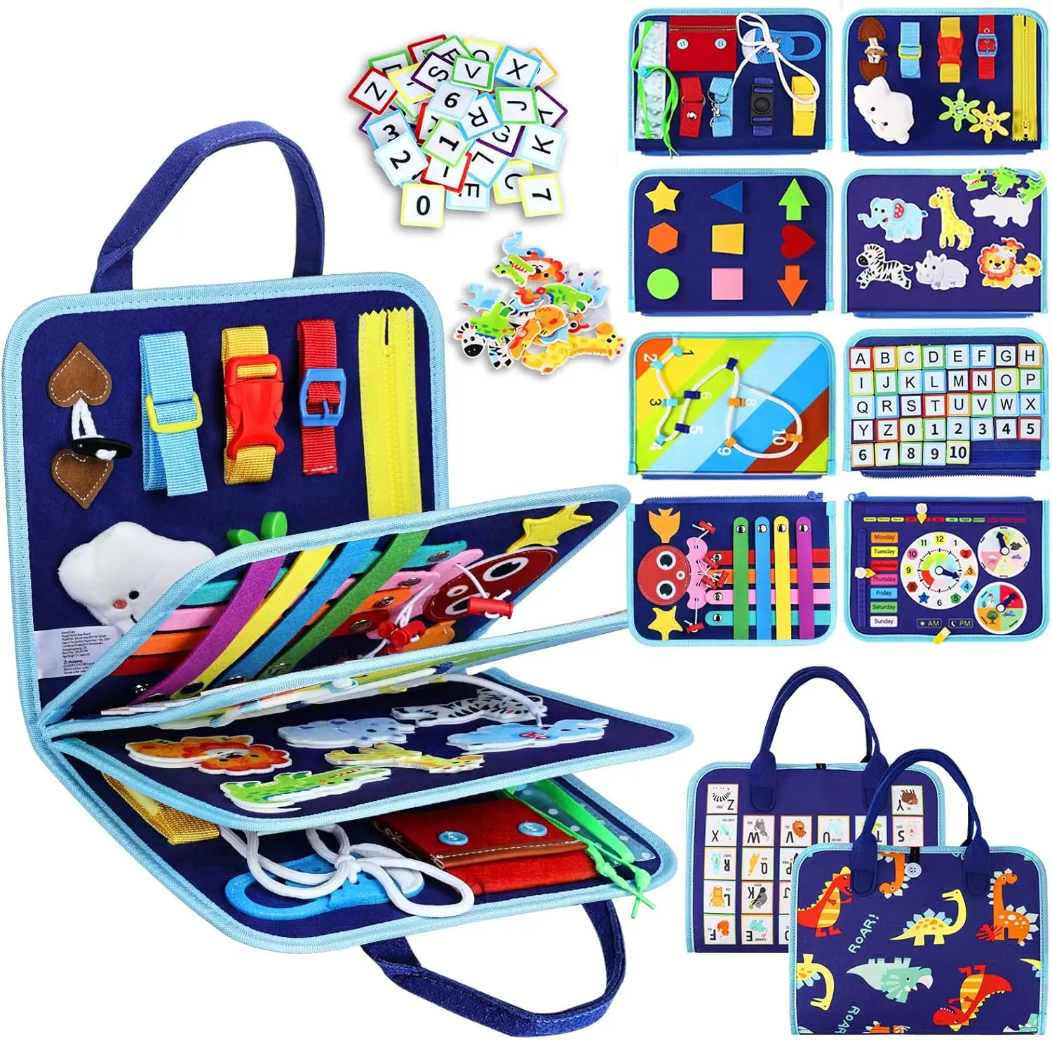 Felt Montessori Toddler Sensory Busy Board - Soft Fabric Cloth Toy with Animal Letters, 8 Pages Play, Educational Fine Motor Skill Activity, Portable Travel-Friendly Unisex Gift for 2-4 Years Blue Dinosaur Fans