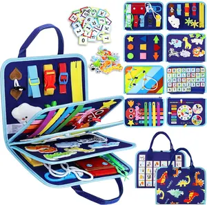 Montessori Toddler Sensory Busy Board - Educational Fine Motor Skill Activities, Travel-Friendly Car/Airplane Toy, Blue Dinosaur Birthday Gift for Boys