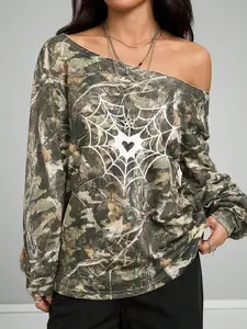 Women's Casual Camo Off-Shoulder Top, Full Tree Graphic, Long Sleeve, Y2K Style, Perfect for Parties, Spring & Fall Comfort
