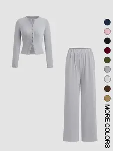 Two-piece Set Women's Solid Button Front Ribbed Crop Top & Elastic Waist Pants, Casual Long Sleeve Outfits for Spring & Fall, Women's Clothes for Daily Wear, Airport Outfit