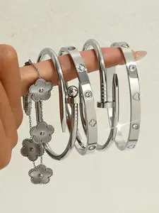 5-Piece Fashion Stainless Steel Bangles Set, stackable bracelet, Rhinestone Four-Leaf Clover Heart Five Petal Flower Bracelets, Valentine's Day Gift