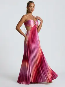 LikeMyChoice Pink Ombre Pleated Satin Cutout Backless Maxi Dress with Halter Neckline & Open Tie-Back Design for Formal Events - Fabric long formaldresses