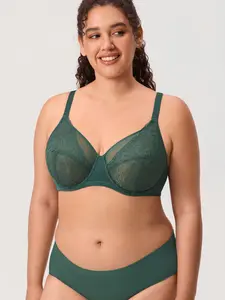 DELIMIRA Women's Lace Full Coverage Bra Plus Size Underwire Unlined Sheer Mesh Sexy No Padding Bras