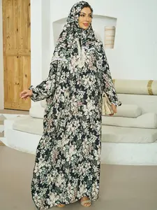 Casual Floral Print Hooded Prayer Dress with Hat Elegant Long Sleeve Maxi Muslimwomens Clothing Abaya